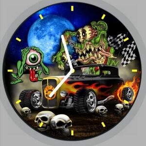Retro Hot Rod Monster Wall Clock — Black & Green